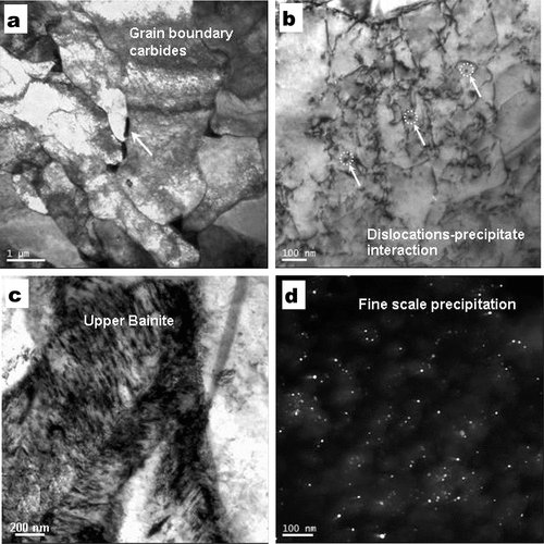 Figure 21. Bright field TEM micrographs illustrating the general microstructure of the 700 MPa pipeline steel with lean chemistry. (a) non-equiaxed or quasi-polygonal ferrite, (b) precipitate–dislocation interaction in the ferrite matrix, (c) upper bainite and (d) obtained from carbon extraction replica showing fine scale precipitation (adapted from reference [Citation43]).