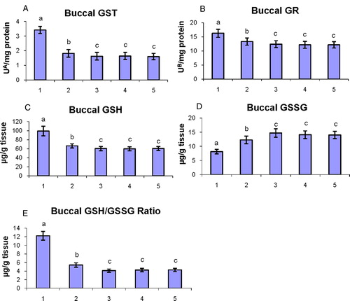 Figure 6. The status of phase II detoxification enzymes (GST and GR) and glutathione content (GSH, GSSG, and GSH/GSSG ratio) in the buccal mucosa of control and experimental hamsters. (1) DMBA, (2) DMBA + geraniol (250 mg/kg b.w.), (3) Geraniol alone (250 mg/kg b.w.), (4) Corn oil + liquid paraffin, (5) Control. Bars are mean ± SD for 10 hamsters in each group. a–cValues not sharing a common superscript letter (a, b, and c) in the same column differ significantly at P < 0.05 (DMRT). UA – micromoles of 1-chloro-2,4-dinitrobenzene-reduced glutathione conjugate formed/minute. UB – micromoles of NADPH oxidized/hour.