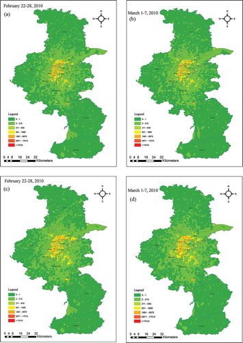 Figure 5. Spatial distribution of the pickup and drop-off locations. (a) Spatial distribution of the pickup locations from 22 February to 28 February; (b) Spatial distribution of the pickup locations from 1 March to 7 March; (c) Spatial distribution of the drop-off locations from 22 February to 28 February; (b) Spatial distribution of the drop-off locations from 1 March to 7 March. For full color versions of the figures in this paper, please see the online version.