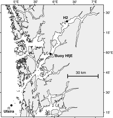 Figure 1. Map of the Hardangerfjord showing the locations of the CTD observations and the position of the observational buoy HfjE.