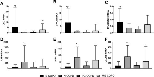 Figure 1 Relative gene expression levels of (A) CLC, (B) CPA3, (C) DNASE1L3, (D) IL1B, (E) ALPL and (F) CXCR2 in induced sputum samples from subjects with eosinophilic (E), neutrophilic (N), paucigranulocytic (PG) or mixed granulocytic (MG) COPD. Gene expression is calculated relative to β-actin (ΔCt), log transformed (2−ΔCt) and scaled. Bar graphs show the median and error bars as the upper quartile. *p<0.01 versus PG-COPD; #p<0.01 versus N-COPD; ^p<0.01 versus MG-COPD; ~p<0.01 versus E-COPD.