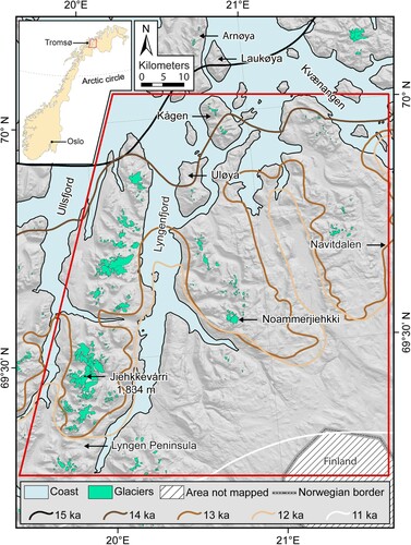 Figure 1. Location map showing the study site (within the red frame) in central Troms and Finnmark county, northern Norway, with site location within Norway shown on the insert map. The inset outlines show the most credible margin of the Scandinavian Ice Sheet as it retreats inland at 1000-year intervals as reconstructed by Hughes et al. (Citation2016). The base image is a composite of 2 m resolution hill-shaded Arctic DEM tiles and the glaciers are shown using glacier outlines from the Inventory of Norwegian Glaciers (Andreassen et al., Citation2012).