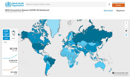 Figure 2. WHO coronavirus disease (COVID-19) dashboard world choropleth map. Geneva: World Health Organization, 2020 (https://covid19.who.int/) (Accessed: 28th May 2020). © 2020 World Health Organization. All rights reserved. Licence: CC BY-NC-SA 3.0 IGO.