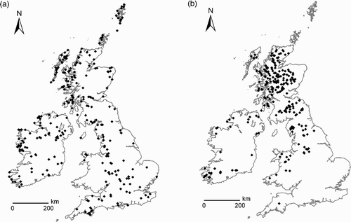 Figure 1. Geographical locations of ‘Eagle’ placenames interpreted as indicating the presence of (a) White-tailed Eagles and (b) Golden Eagles.