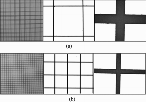 FIG. 1 Photographs of electroformed wire screens that were experimentally tested for aerosol deposition characteristics. (a) Screen A of Table 1, 20 mesh with a wire width of 65 μm. (b) Screen B of Table 1, 45 mesh with a wire width of 35 μm.