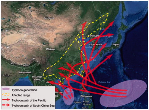Figure 1. Typhoon path and its influence range. Sources: http://www.weather.com.cn/ and re-drawn by authors.
