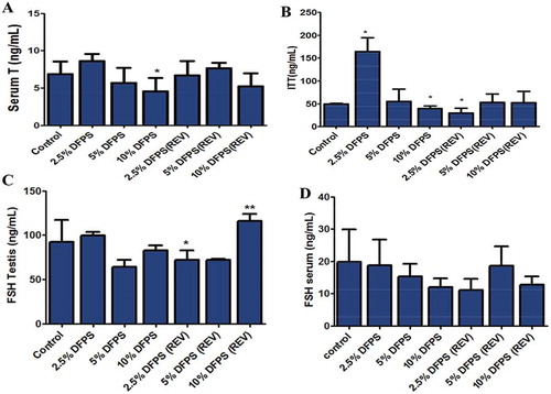 Figure 3. Effects of dietary fluted pumpkin seeds (DFPS) on testosterone (T) and follicle-stimulating hormones (FSH) of rats after 60 days treatment and 60 days post-treatment. Testosterone and follicle-stimulating hormone were quantified in the serum and testes homogenate with enzyme-linked immunosorbent assay (ELISA) kit. (A) serum T, (B) intra-testicular T (ITT), (C) intra-testicular FSH, and (D) serum FSH. Data are presented as the mean ± SD (n = 5). *Versus control group and **versus 10% DFPS group (p < 0.05).