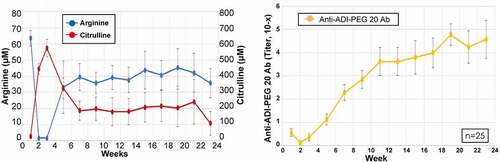 Figure 4. Pharmacodynamics and immunogenicity related to experimental drugs was measured. the level of arginine/citrulline level (left panel) and the anti-ADI-PEG 20 antibody titer (right panel) by time is summarized in dot-line plots. each dot represents mean levels of 25 patients with 25% and 75% percentiles (±SEM)