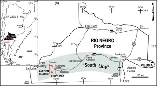 Figure 1. (a) Location of the Anecón Grande study area within the geographic context of Río Negro Province of Argentina and (b) Sketch map of Río Negro Province depicting locations cited in the text.