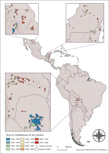 Figure 2. Map of Latin America Mennonite colonies. A vector file of all colonies is available for download under the following link: https://doi.org/10.5683/SP2/I4FEQZ