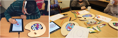 Figure 9. Photographs of the setting of two distinct moments during the workshop sessions. On the left, participant coloring a mandala with Anima (individual session). On the right, follow up group discussion.
