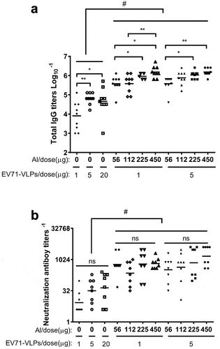 Figure 3. Serum antibody titers of mice immunized with EV71-VLPs combined with different doses of aluminum adjuvant.