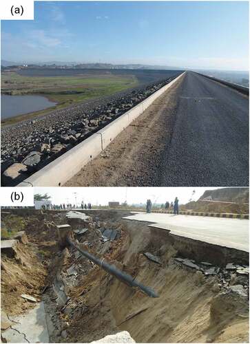 Figure 9. (a) Slope during construction before failure, and (b) slope along Mangla Reservoir Rim just after occurrence of failure.