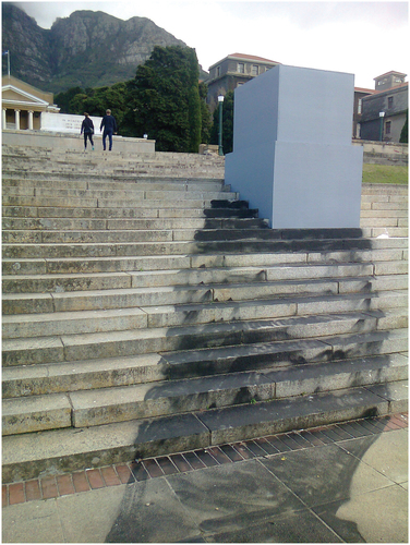 Figure 1. The painted shadow of Cecil Rhodes statue at the University of Cape Town, 2017. Photograph by Nicholas Coetzer.