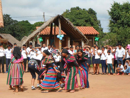 Photo 1. Socio-cultural change in Chiquitano communities. Andean dances and traditional clothing during a school celebration in a Chiquitano community. Note the abundance of smartphones. Photo Credits: the author (2018).