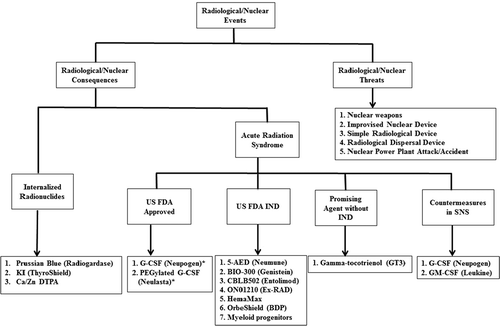 Figure 1. US FDA-approved countermeasures for RN threats following the Animal Rule and other promising agents. In 2002, the FDA issued the Animal Rule to expedite the development of medical countermeasures against CBRN threats. Since then, 2 countermeasures (*) have been approved by the FDA following the Animal Rule.