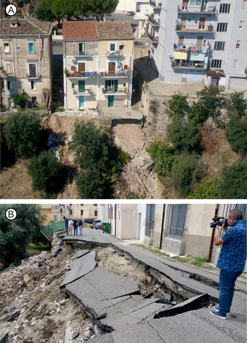 Figure 7. Landslides that occurred in Corigliano-Rossano town during the flood event of 12 August 2015. Historic centre of Rossano: (A) Vittorio Emanuele road, (B) Via Minnicelli road.