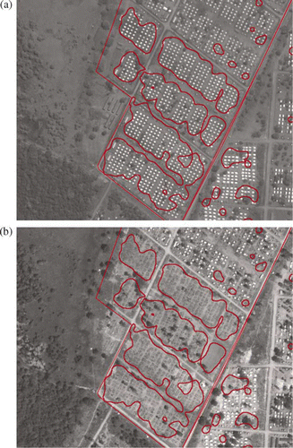 Figure 12.  Menik Farm – Zone 3. Example of the disappearance of the structures detected correctly: pre-image (left) and post-image (right). WorldView-1 imagery © Digitalglobe 2009 and GeoEye-1 imagery © GeoEye 2010, both distributed by e-GEOS.