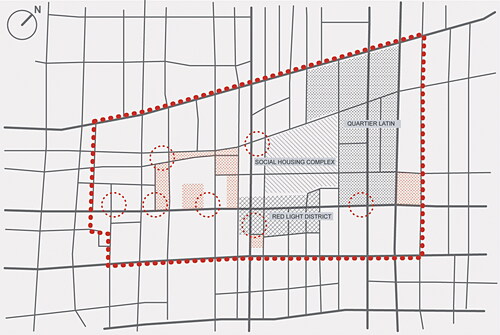 Figure 3. Schematic visualization of the QDS area. Official margins of the area are marked with a red dotted line, the main public spaces are marked with red horizontal hashes, and the main entertainment buildings and features are marked with red dotted circles. Colour online.