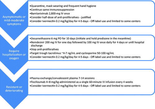 Figure 1. Proposed algorithm for immunosuppressive management in kidney transplant recipients with COVID-19 infection.