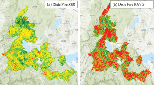 Figure 3. Comparison of SBS with the remotely sensed RAVG product for Dixie Fire (California, 2021).