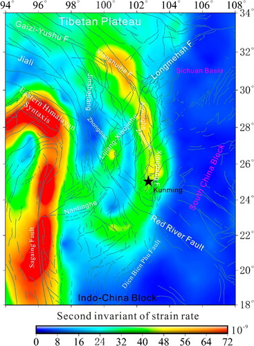 Figure 8. Spatial contour map of second invariant of strain rates (SR) in southeastern Tibetan Plateau.