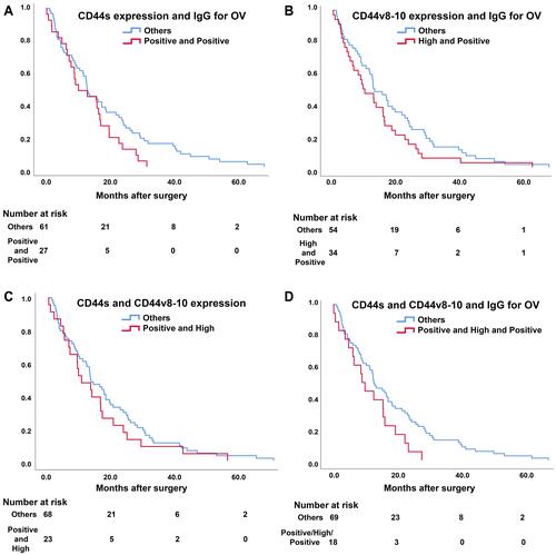 Figure 4 Kaplan–Meier analysis of overall survival with a combination of serum IgG for OV and IHC results in late stage CCA. (A) Survival with a combination of CD44s and IgG for OV. (B) Survival with a combination of CD44v8-10 and IgG for OV. (C) Survival with a combination of CD44s and CD44v8-10. (D) Survival with a combination of CD44s, CD44v8-10 and IgG for OV.