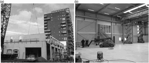Figure 1. (a) Under-construction housing tower building project of case B on the left, and (b) the interior of utility building of case C on the right.