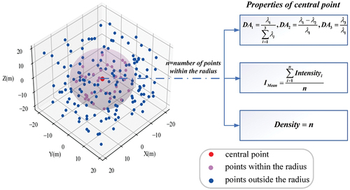 Figure 4. Calculation of five features for a single point using a spherical neighborhood space based on neighboring points.