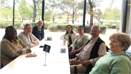 Members of the ACT ASEG Branch at breakfast with Phil Schmidt. Left to right: Yvette Poudjom Djomani, Marina Costelloe, Phil Wynne, Wenping Jiang, Jackie Hope, Phil Schmidt and Janice Schmidt.