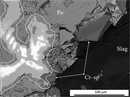 Figure 14. BEI of UG–2 concentrate heated at 1480°C, showing a matte-forming assemblage at the bottom of the crucible (Po: pyrrhotite; Cr – sp: FeCr2O4 spinel; PGM-containing alloy marked by a dashed line).