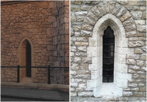 Figure 2. Left: limewashed Reigate stone at Cradle Tower, ToL, shortly after treatment in 1990 and right: in 2018 showing good state of preservation.