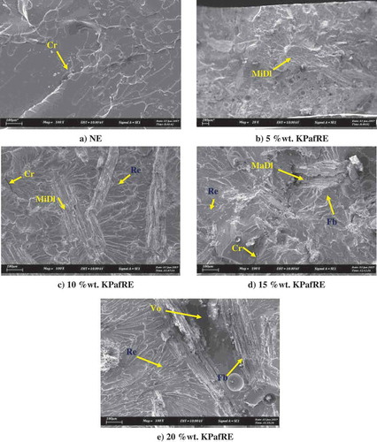 Figure 13. SEM images of KPafRE composites after tensile test.(Remarks: Cr = Crack, MiDI = Minor Delamination, MaDl = Major Delamination, Vo = Voids, Re = Resinous Region, Fb = Fibrous Region)