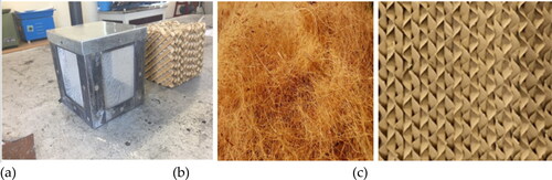 Figure 2. (a) Packing frame, (b) coconut coir, (c) Celdek 7090 Packing.