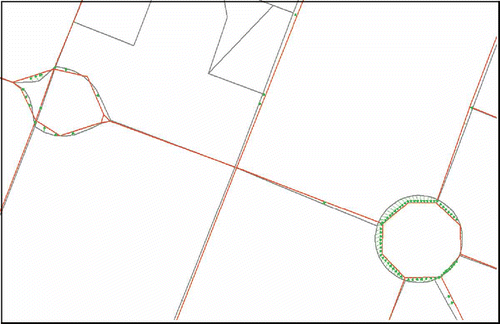 Figure 7. Efficient matching cases for looping crosses. Dark grey lines: OSM, light grey lines: NAVTEQ; arrows: linkages.