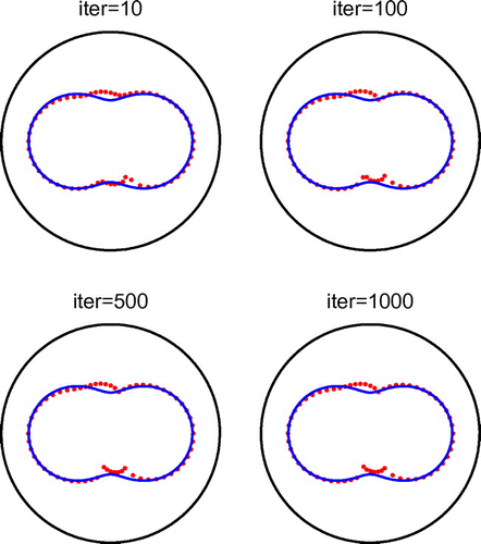 Fig. 6 Example 2: Results for noise p=10%, no regularization and various numbers of iterations.