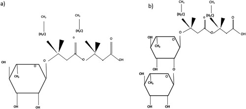 Figure 3. Molecular structure of (a) Mono rhamnolipids and (b) Di rhamnolipids (Citation41).