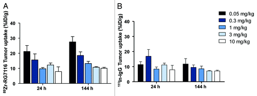 Figure 1. Tumor uptake at 24 and 144 h after tracer injection as measured with ex vivo analysis showed dose and time dependent tumor uptake of 89Zr-RG7116 in FaDu tumors (A). Non-specific 111In-IgG uptake was measured in the same tumors (B).