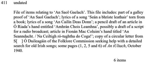 Figure 1. Item #411 BL/PP/OR demonstrates the complexity of item-level description of the SÓRC’s digital finding aid.