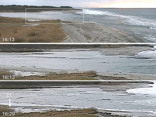 Figure 7. CCTV images at the Kurobe River mouth before and after the tsunami arrival. White rectangular frame indicates the domain of the middle and bottom images.