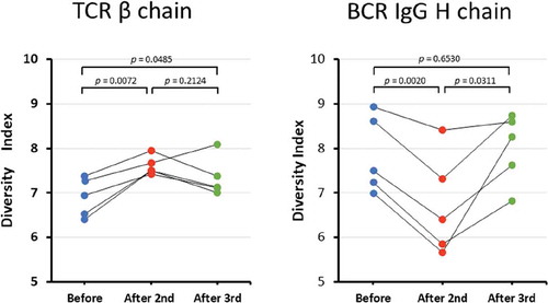 Figure 1. Diversity index.(a–b) The diversity indices of the TCR β (a) and BCR IgG H (b) chains sorted from PBMCs from five pre-HB-vaccinated and post-HB-vaccinated healthy volunteers. Blue closed circles indicate data from before HB immunization (Before); Red closed circles indicate data from after the second HB immunization (After 2nd); and green closed circles indicate data from after the third HB immunization (After 3rd).