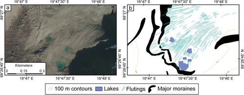 Figure 4. Flutings on the recently deglaciated foreland of glacier ID 288, showing slight variation in alignment but joining moraine ridges at right angles: (a) image from norgeibilder.no (24/08/2016), (b) subset of resulting map (presented at 1:4,000 scale). Approximate image location: 69°26′54.06″N, 19°47′27.69″E.