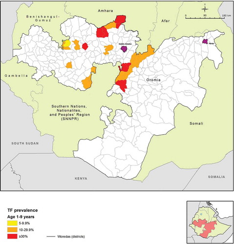 Figure 1. Map of woredas with previous trachoma mapping, or in which interventions against trachoma had commenced prior to the Global Trachoma Mapping Project, Oromia, Ethiopia, 2012.