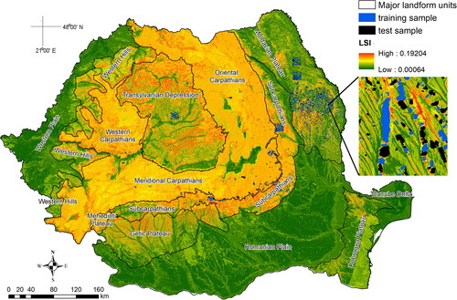 Figure 5. Map of landslide susceptibility index and the spatial distribution of landslide samples used for classification and validation.