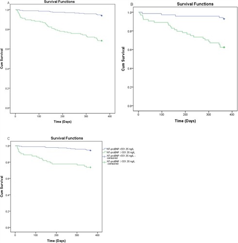 Figure 3 Kaplan–Meier survival curves evaluating the time to death in days for patients with NT-proBNP concentrations ≥551.35 ng/L and NT-proBNP concentrations <551.35 ng/L. Panel A: survival curve for all patients; Panel B: survival curve for patients with CHF; Panel C: survival curve for patients without CHF.