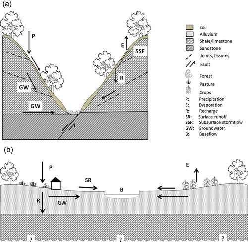 Figure 8. Conceptualization of runoff generation at sub-catchment (a) and catchment scale (b).