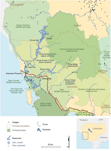 Figure 1. Hydropower dams, reservoirs, protected areas (as since 2016) and villages in the Cardamom Mountains. (Source: Open Development Cambodia Citation2017).