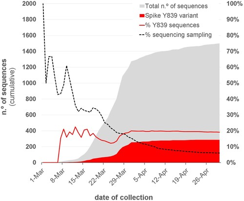 Figure 1. Overview of the SARS-CoV-2 genome sequencing sampling in Portugal and cumulative relative frequency of the circulating Spike Y839 variant, as of 30 April 2020 (n = 1500). Area plots (left y-axis) reflect the cumulative total number of SARS-CoV-2 genome sequences (gray) and Spike Y839 variant sequences (red) obtained in Portugal during the first two months of the epidemic. Lines (right y-axis) display the cumulative percentage of COVID-19 confirmed cases for which SARS-CoV-2 genome data was generated (“sequencing sampling” – black dash line) and the cumulative proportion of the Spike Y839 variant sequences (red line) detected in Portugal during the same period.