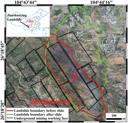 Figure 1. The full view of Jianshanying landslide on the UAV image, where the landslide boundaries before and after large-scale slide are shown in red and green polygons, respectively. The underground mining working lanes are indicated by black dashed polygons, and the inset is the location of this landslide in China.