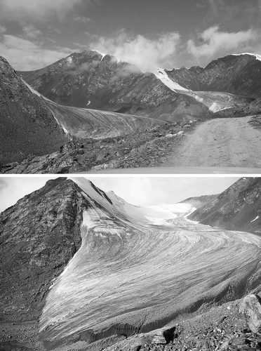 Figure 2 Pictures of Ürümqi Glacier No. 1. (top) East (left) and west (right) branches of the Ürümqi Glacier No. 1 from a moraine (2 August 2006). (bottom) East branch of the glacier.